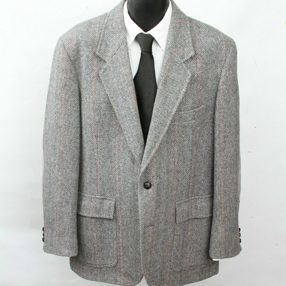 Pendleton Gray Tweed Wool Herringbone Elbow Patch Single Vent Sport Coat Mens 44